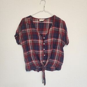 Plaid Button-Up Tie-Front Shirt